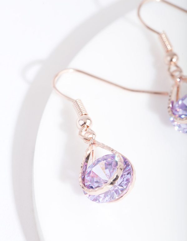 Rose Gold Cubic Zirconia Purple Diamante Teardrop Earrings For Discount - Image 3