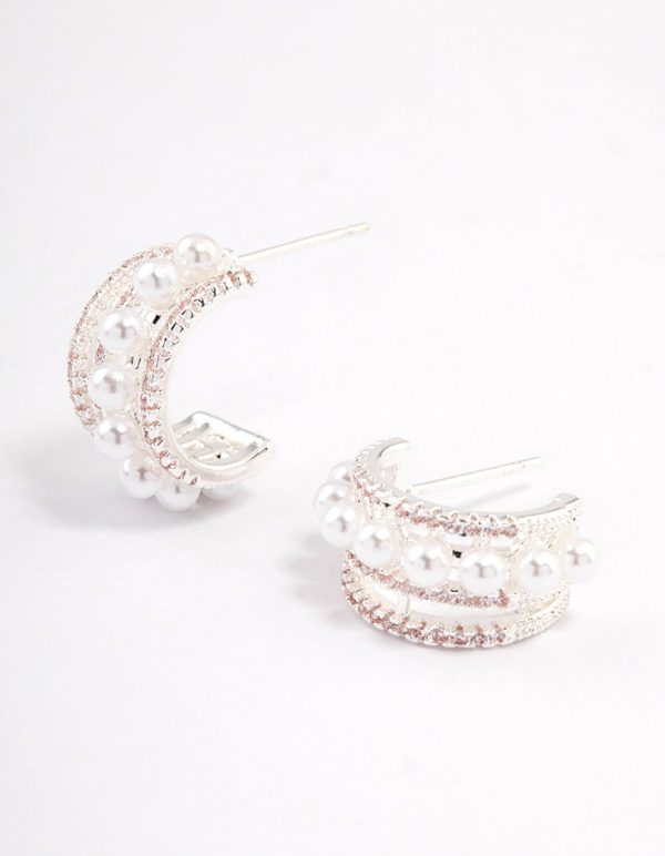 Silver Plated Cubic Zirconia Pearl Layered Small Hoop Earrings on Sale