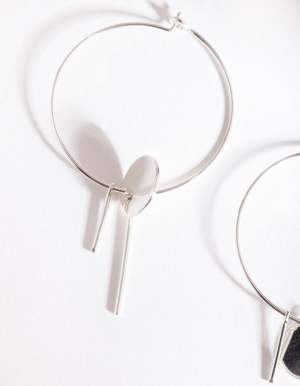 Silver Disc & Line Hoop Earrings Online now - Image 2