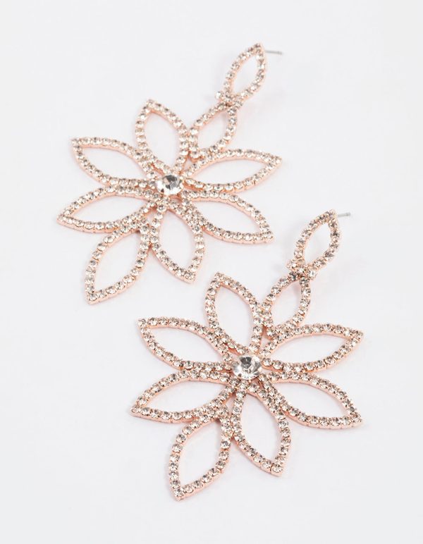 Rose Gold Flower Diamante Drop Earrings Online now