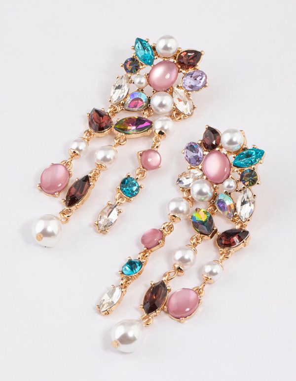 Gold Mixed Jewels Statement Drop Earrings on Sale