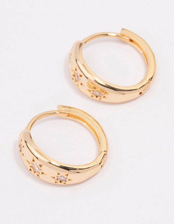 Gold Plated Cubic Zirconia Celestial Huggie Hoop Earrings For Sale - Image 3