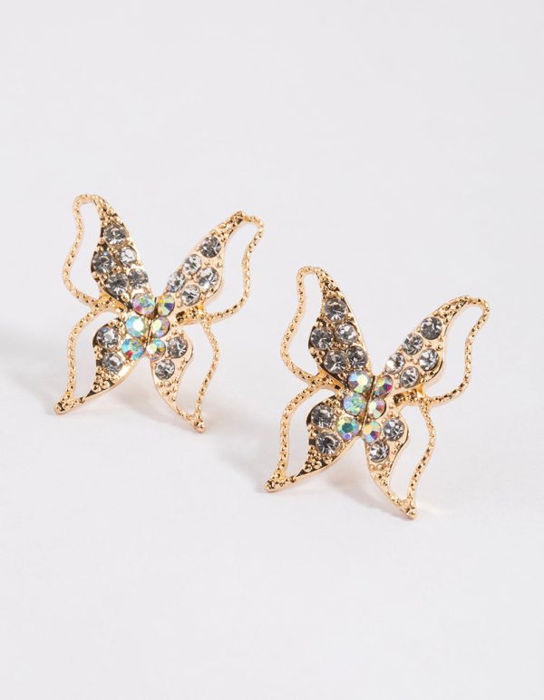 Gold Large Diamante Butterfly Stud Earrings For Sale