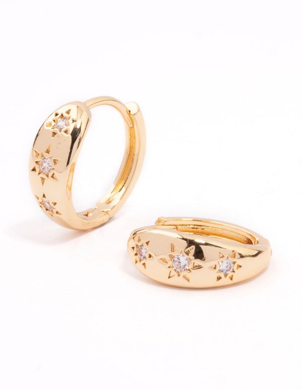 Gold Plated Cubic Zirconia Celestial Huggie Hoop Earrings For Sale