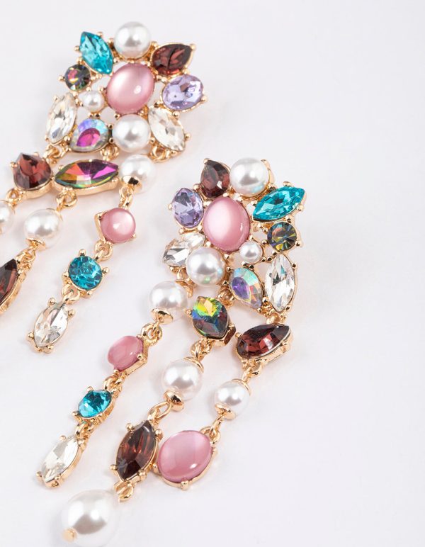 Gold Mixed Jewels Statement Drop Earrings on Sale - Image 2