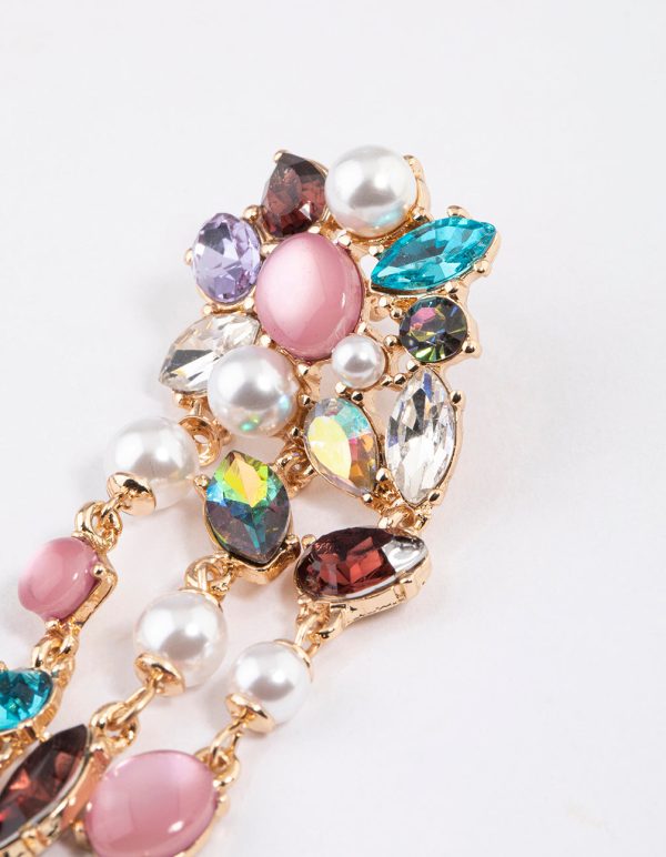 Gold Mixed Jewels Statement Drop Earrings on Sale - Image 3