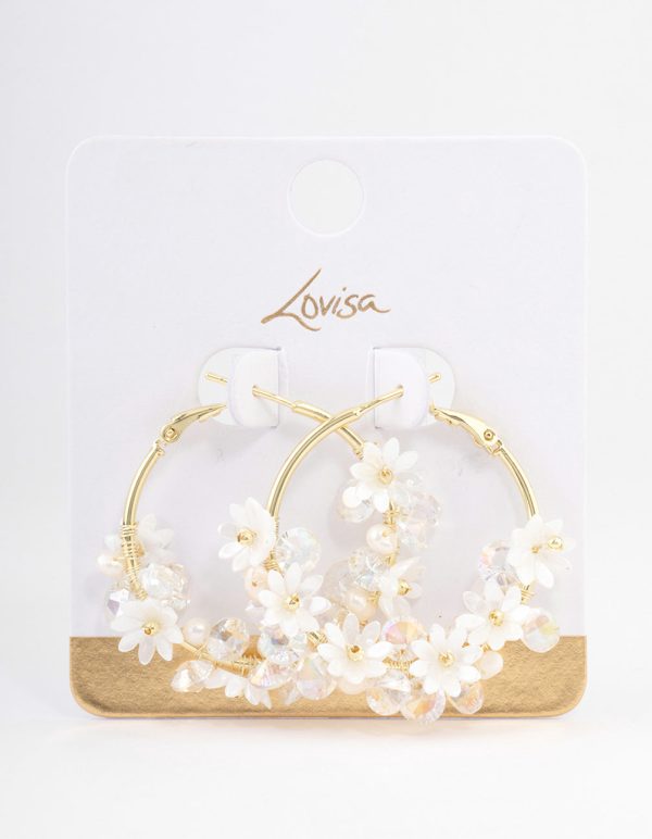 Gold Plated Freshwater Pearl Diamante Flower Hoop Earrings on Sale - Image 3