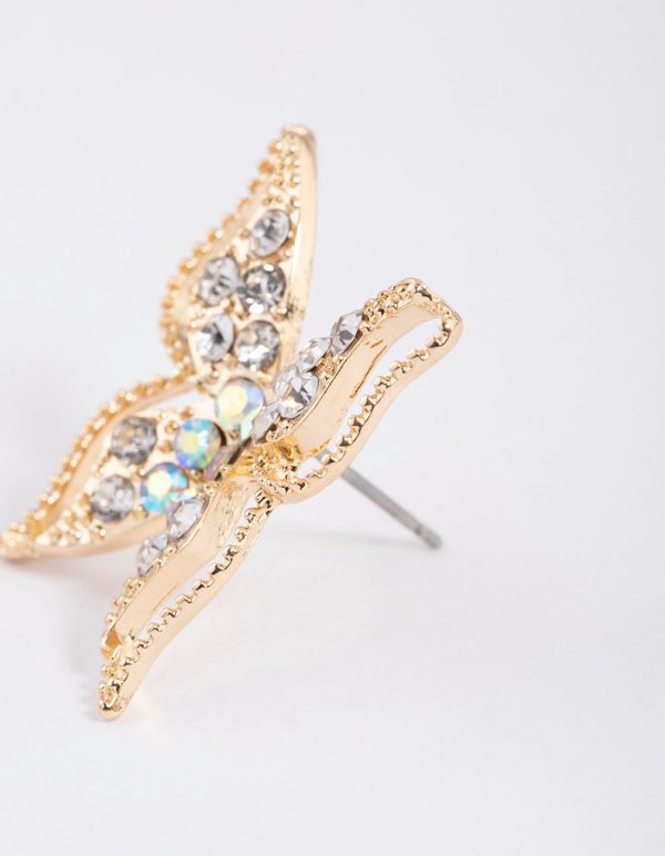 Gold Large Diamante Butterfly Stud Earrings For Sale - Image 3