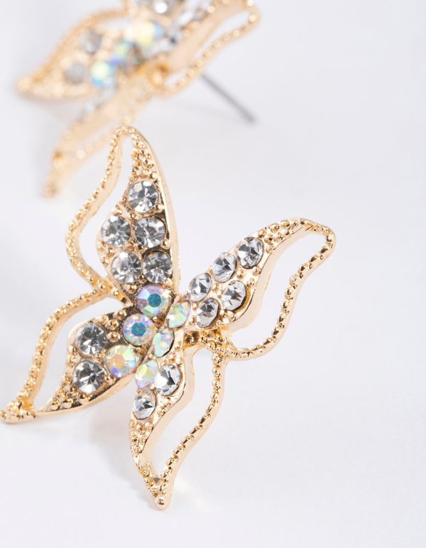 Gold Large Diamante Butterfly Stud Earrings For Sale - Image 2