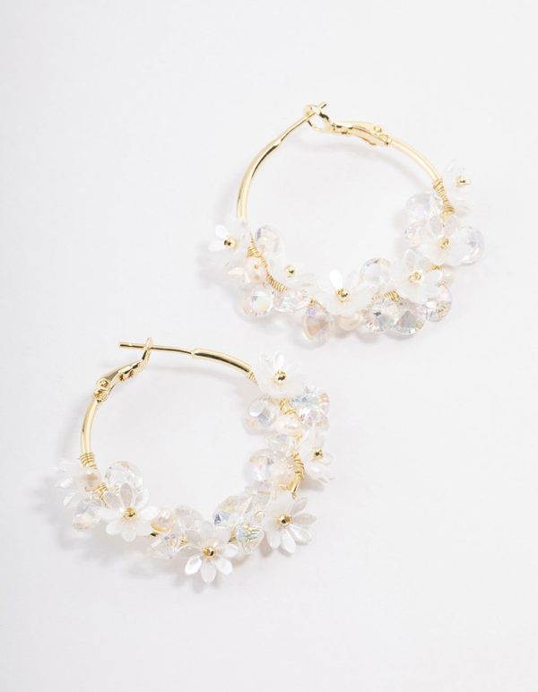 Gold Plated Freshwater Pearl Diamante Flower Hoop Earrings on Sale