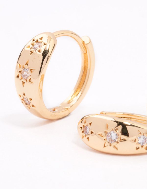 Gold Plated Cubic Zirconia Celestial Huggie Hoop Earrings For Sale - Image 2