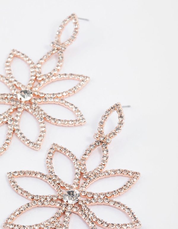 Rose Gold Flower Diamante Drop Earrings Online now - Image 2