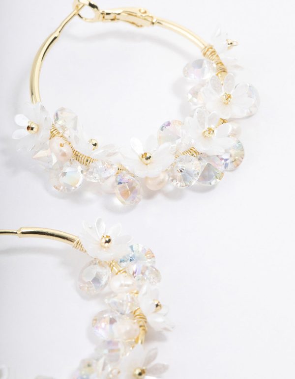 Gold Plated Freshwater Pearl Diamante Flower Hoop Earrings on Sale - Image 2