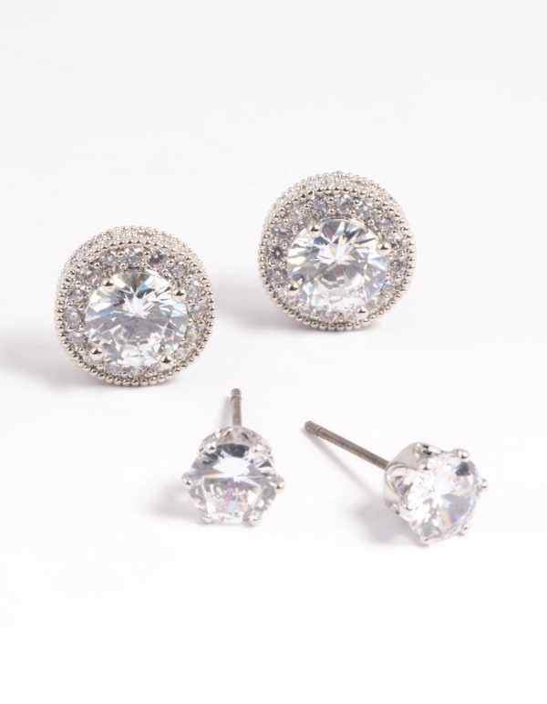 Silver Diamond Simulant Stud Earring Set For Cheap