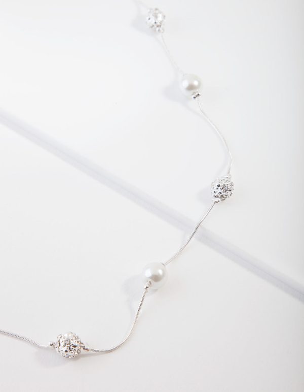 Silver Diamante & Pearl Bead Station Necklace Hot on Sale