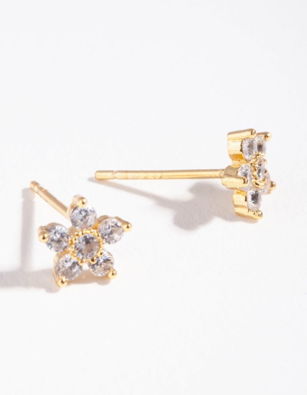 Gold Plated Sterling Silver Cubic Zirconia Flower Stud Earrings Online Sale - Image 4