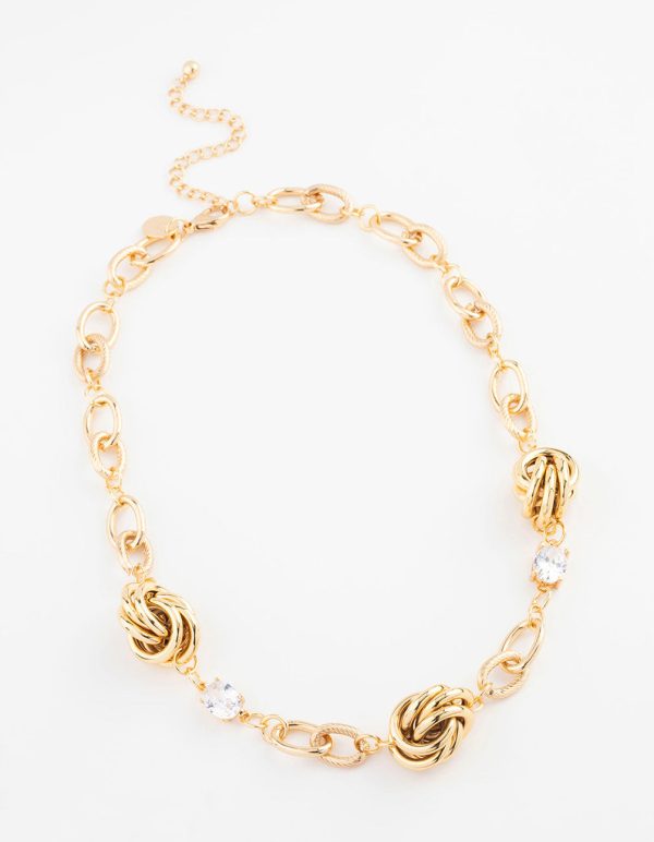 Gold Plated Cubic Zirconia Knotted Pendant Necklace For Sale - Image 2