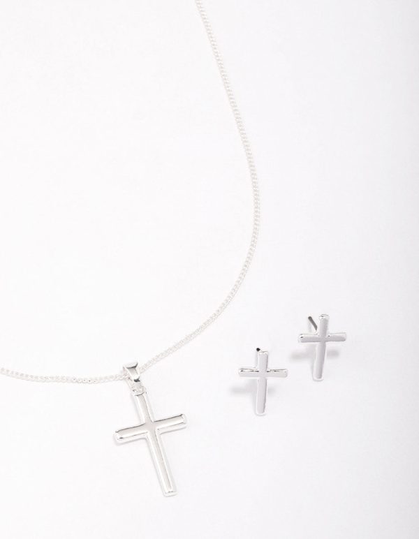Silver Plain Cross Jewellery Set Cheap