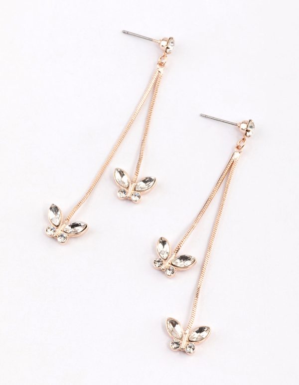 Rose Gold Diamante Butterfly Long Drop Earrings on Sale