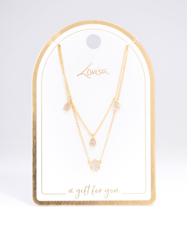 Gold Plated Brass Cubic Zirconia Teardrop Layered Necklace Discount