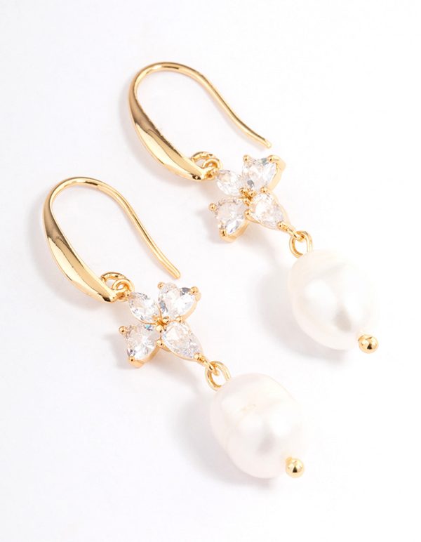 Gold Plated Cubic Zirconia & Freshwater Pearl French Drop Earrings on Sale