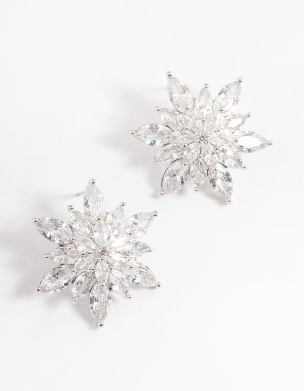 Silver Diamond Simulant Large Flower Stud Earrings For Discount