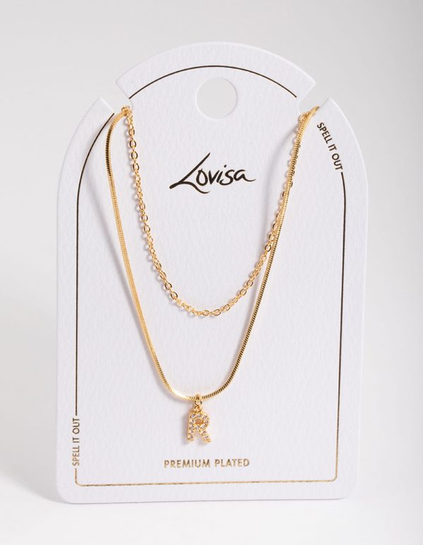 Letter R Gold Plated Layered Diamante Initial Necklace Hot on Sale - Image 3
