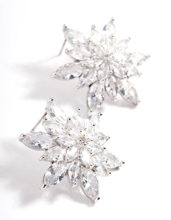 Silver Diamond Simulant Large Flower Stud Earrings For Discount - Image 2