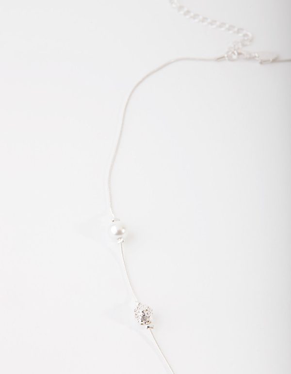 Silver Diamante & Pearl Bead Station Necklace Hot on Sale - Image 3