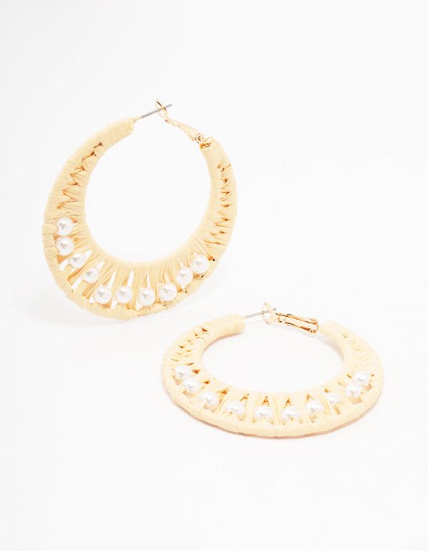 Cream Woven Raffia Fabric Hoop Earrings For Cheap