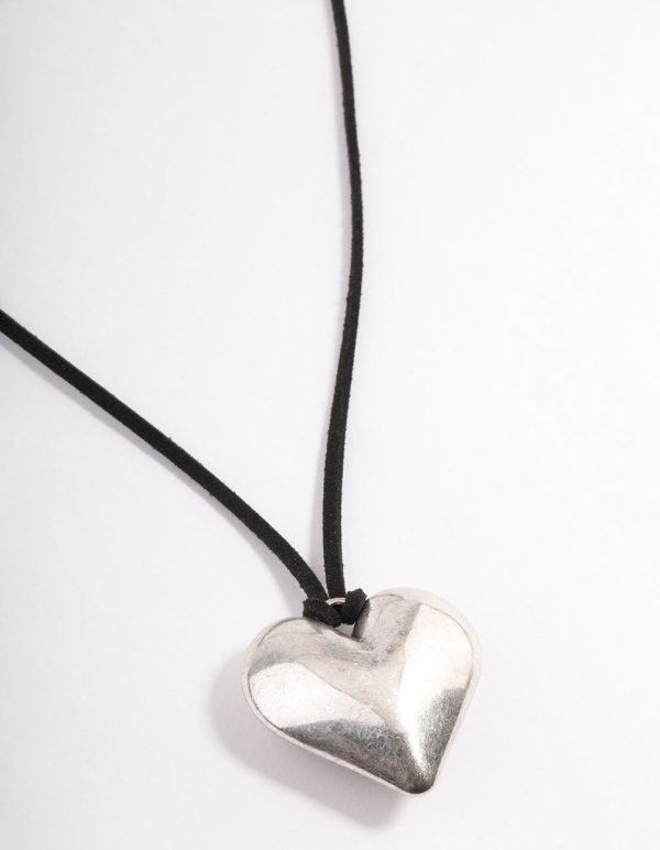 Silver Puffy Heart Black Suede Adjustable Cord Necklace For Discount