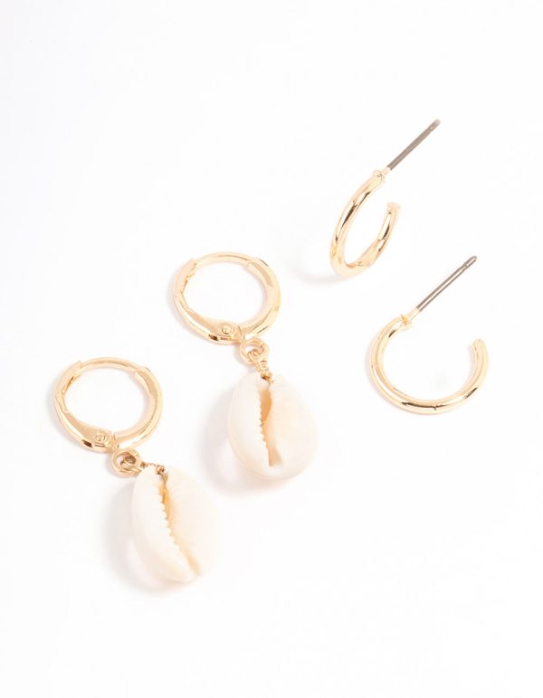 Gold Cowrie Shell & Hoop Earrings Pack For Cheap