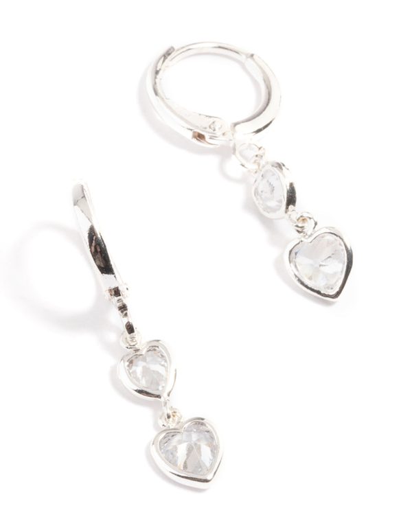 Silver Two Heart Drop Huggie Earrings Online Sale