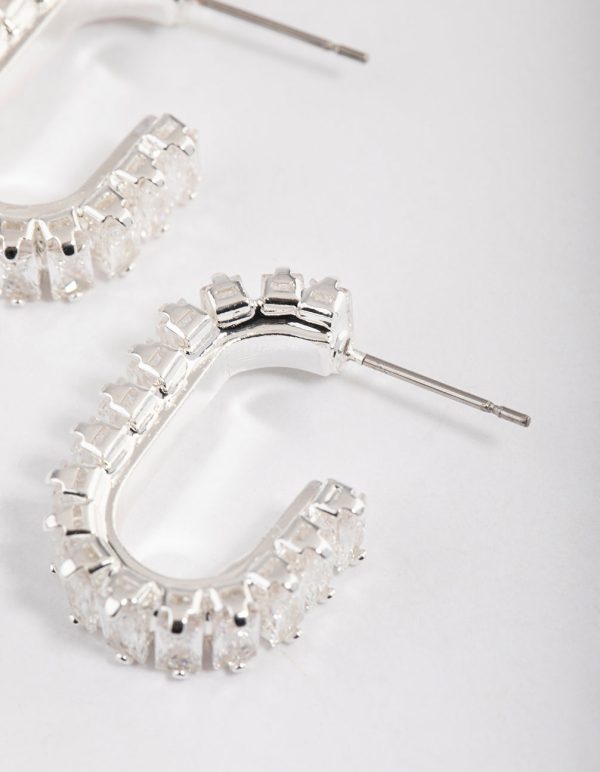 Silver Plated Oval Horizontal Baguette Hoop Earrings For Discount - Image 3