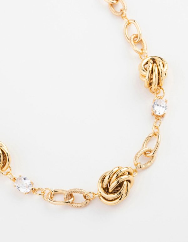 Gold Plated Cubic Zirconia Knotted Pendant Necklace For Sale