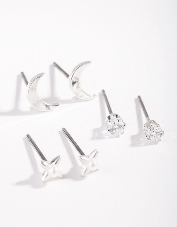Silver Crescent Moon Pearl Micro Ear Stacker Fashion
