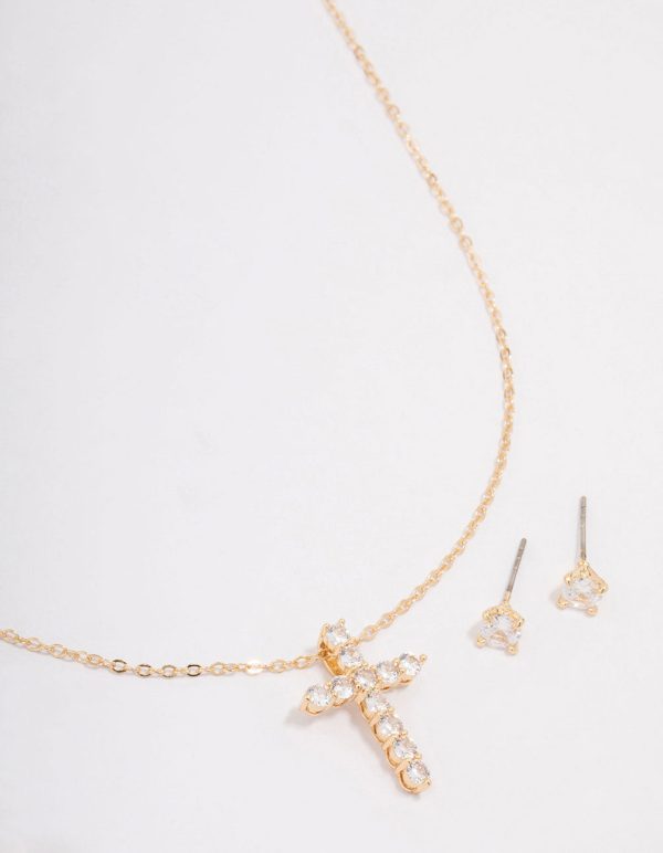 Gold Large Round Cubic Zirconia Cross Jewellery Set Online Sale