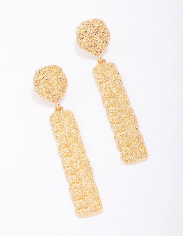 Gold Long Rectangular Textured Drop Earrings Supply