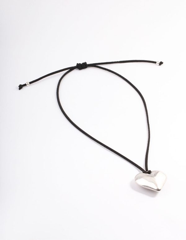 Silver Puffy Heart Black Suede Adjustable Cord Necklace For Discount - Image 2