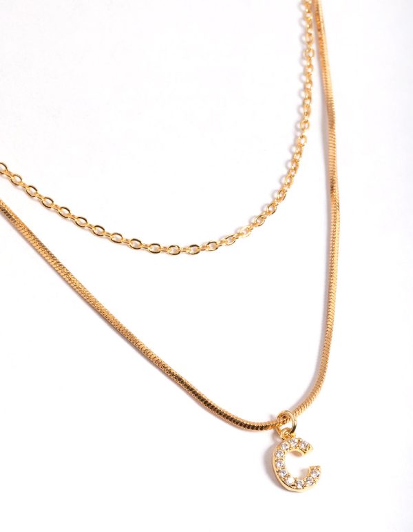 Letter C Gold Plated Layered Diamante Initial Necklace For Sale
