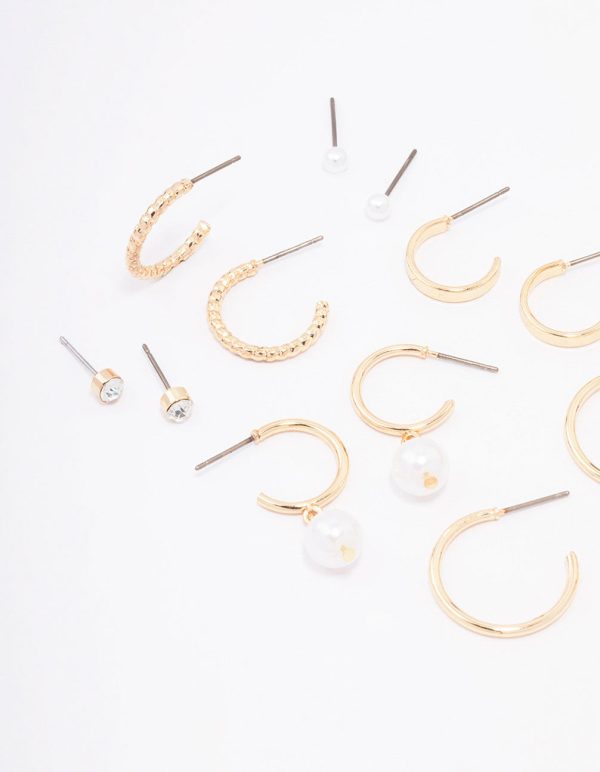 Gold Diamante Pearl Stud & Hoop Earring 8-Pack Sale - Image 2
