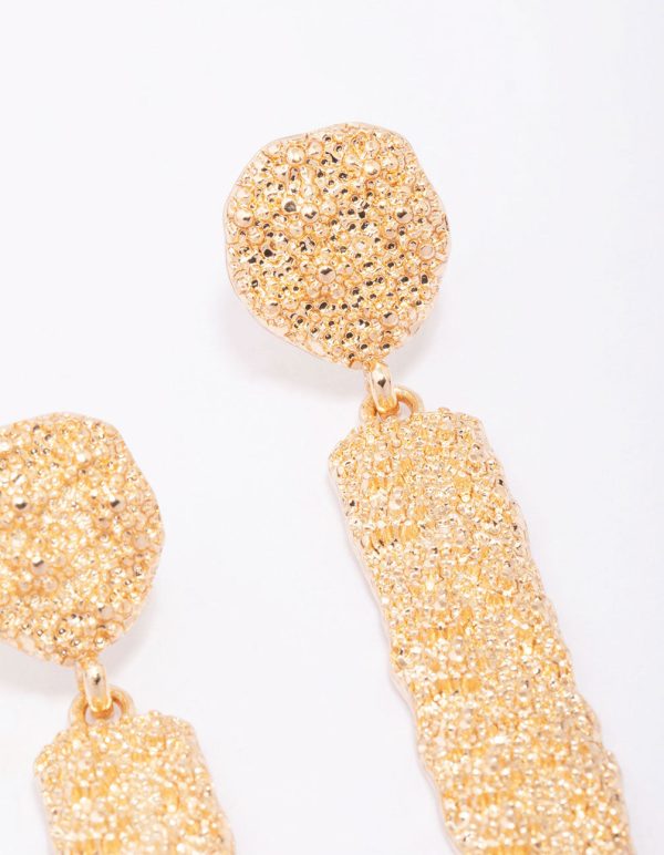 Gold Long Rectangular Textured Drop Earrings Supply - Image 3