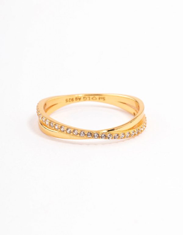 Gold Plated Sterling Silver Cubic Zirconia Cross Over Ring Fashion - Image 3