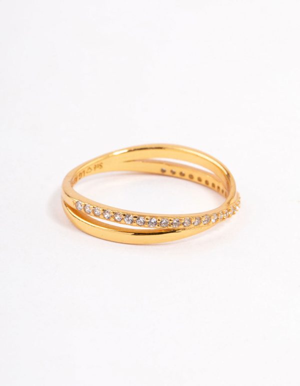 Gold Plated Sterling Silver Cubic Zirconia Cross Over Ring Fashion