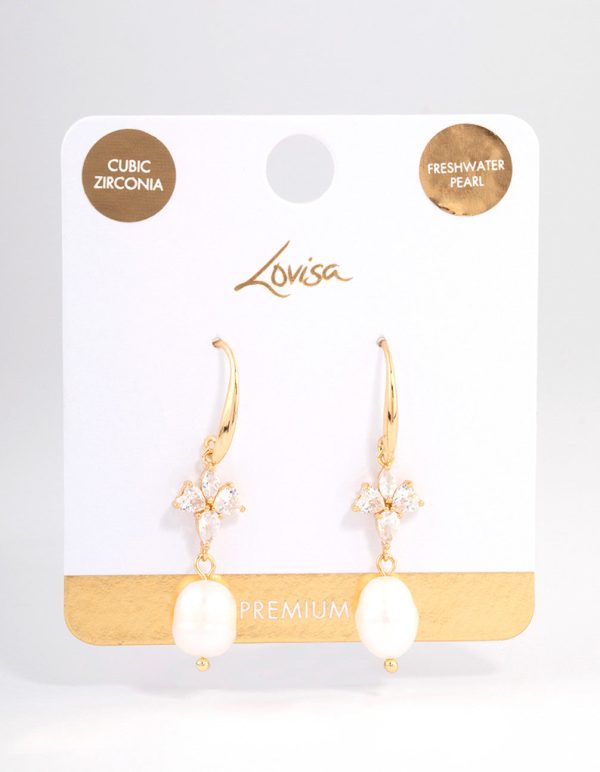 Gold Plated Cubic Zirconia & Freshwater Pearl French Drop Earrings on Sale - Image 3
