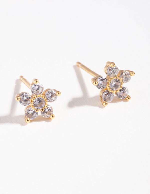 Gold Plated Sterling Silver Cubic Zirconia Flower Stud Earrings Online Sale - Image 3