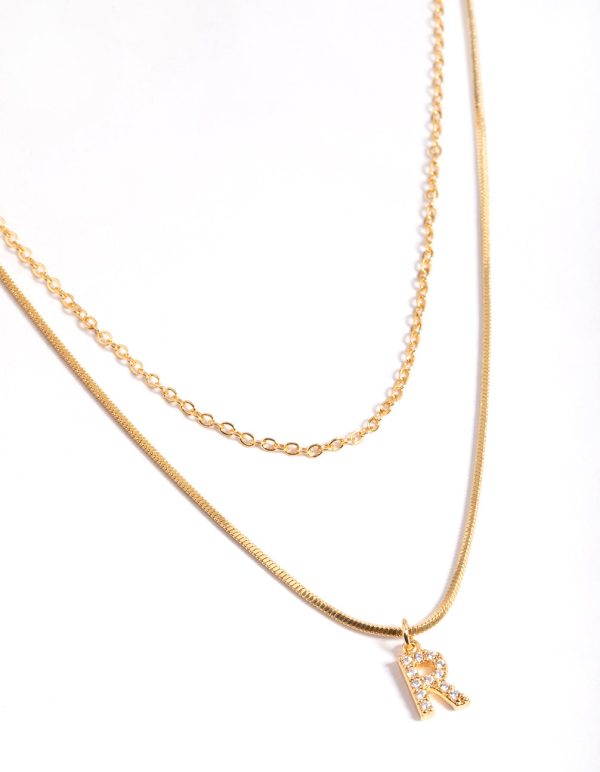 Letter R Gold Plated Layered Diamante Initial Necklace Hot on Sale
