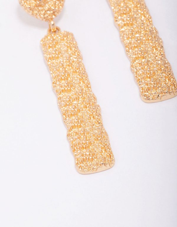 Gold Long Rectangular Textured Drop Earrings Supply - Image 2