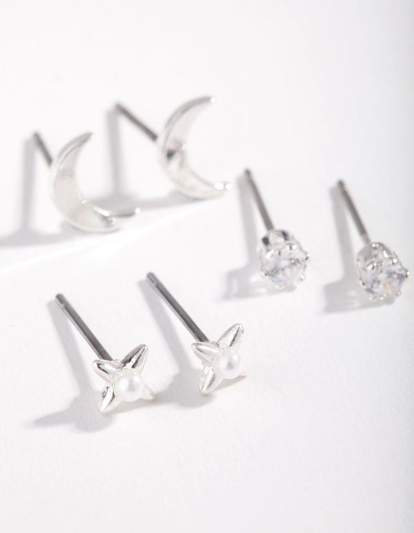 Silver Crescent Moon Pearl Micro Ear Stacker Fashion - Image 3