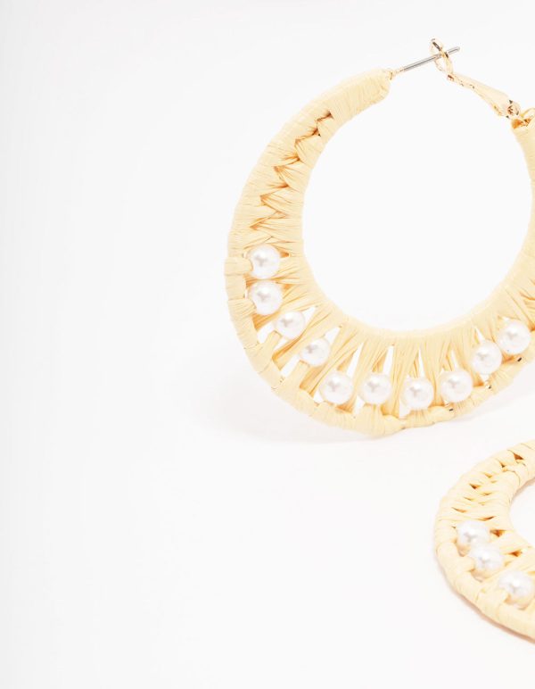 Cream Woven Raffia Fabric Hoop Earrings For Cheap - Image 2